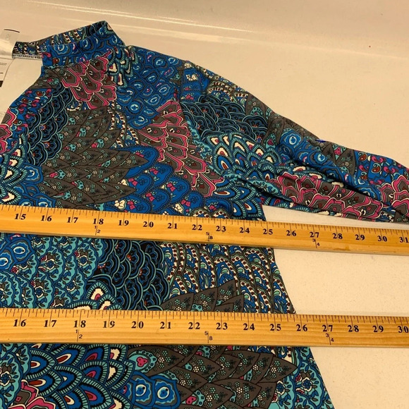 Womans Top Tunic 3X  Colorful Blue Print Jersey Knit Long Sleeve  V Neck Boho - Picture 10 of 11